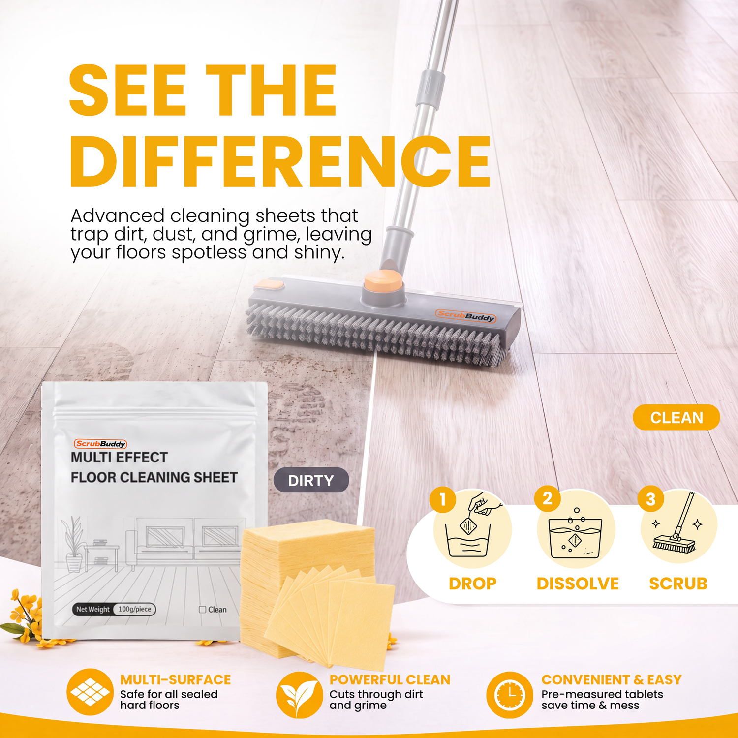 A promotional graphic for a floor cleaning sheet showing a packaged sheet, a mop head on a wooden floor, and step-by-step usage icons with text reading 'SEE THE DIFFERENCE,' 'MULTI EFFECT FLOOR CLEANING SHEET,' 'DIRTY,' 'CLEAN,' and feature callouts for multi-surface, powerful clean, and convenient easy use.