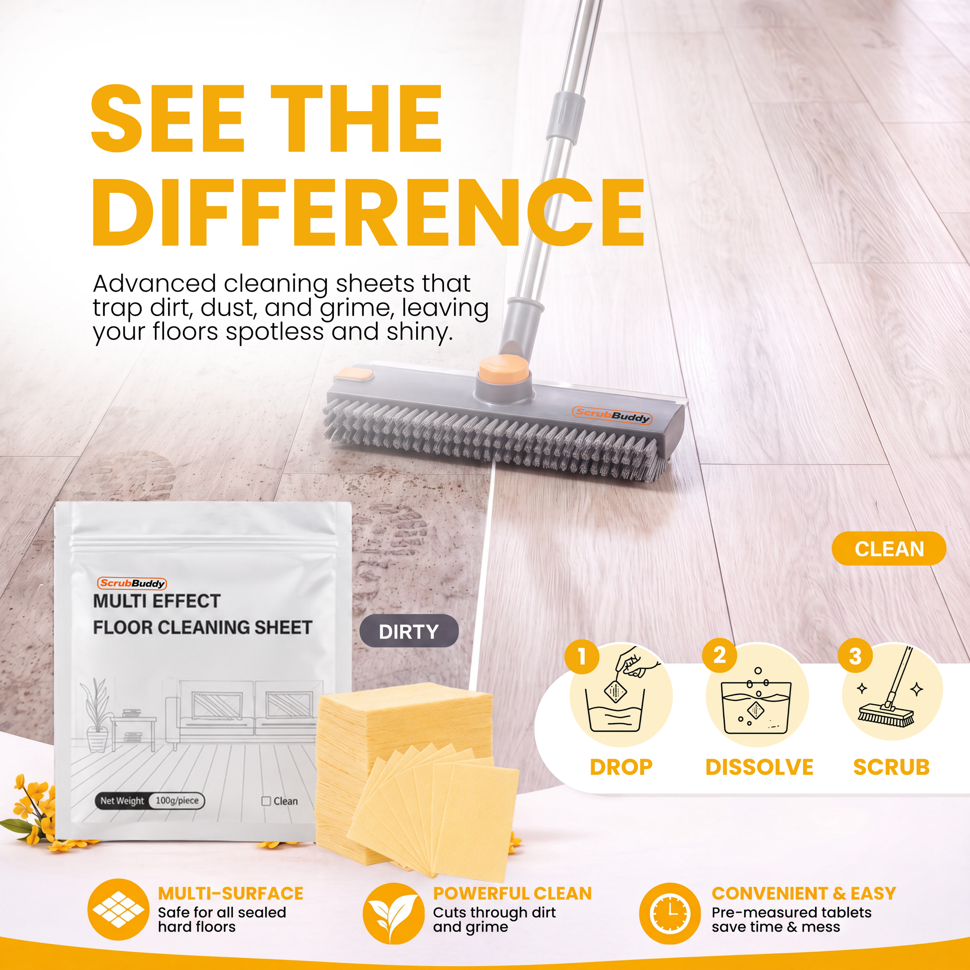 A promotional graphic for a floor cleaning sheet showing a packaged sheet, a mop head on a wooden floor, and step-by-step usage icons with text reading 'SEE THE DIFFERENCE,' 'MULTI EFFECT FLOOR CLEANING SHEET,' 'DIRTY,' 'CLEAN,' and feature callouts for multi-surface, powerful clean, and convenient easy use.