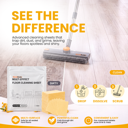 A promotional graphic for a floor cleaning sheet showing a packaged sheet, a mop head on a wooden floor, and step-by-step usage icons with text reading 'SEE THE DIFFERENCE,' 'MULTI EFFECT FLOOR CLEANING SHEET,' 'DIRTY,' 'CLEAN,' and feature callouts for multi-surface, powerful clean, and convenient easy use.